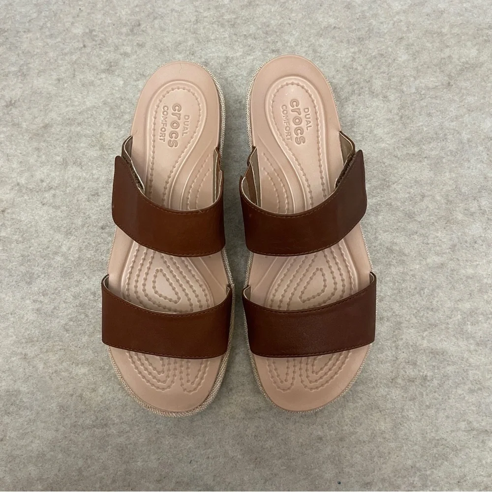 CROCS A-Leigh Brown Leather 2 Strap Canvas Wedge Comfort Sandals Women’s size 7